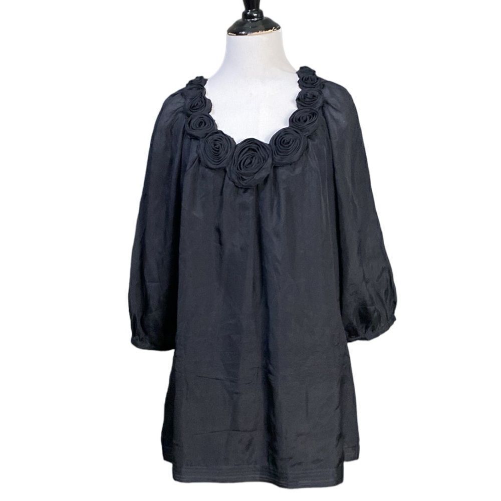 Alfani Black Silk 3/4 Sheer Sleeve Blouse Rosettes Tunic Top